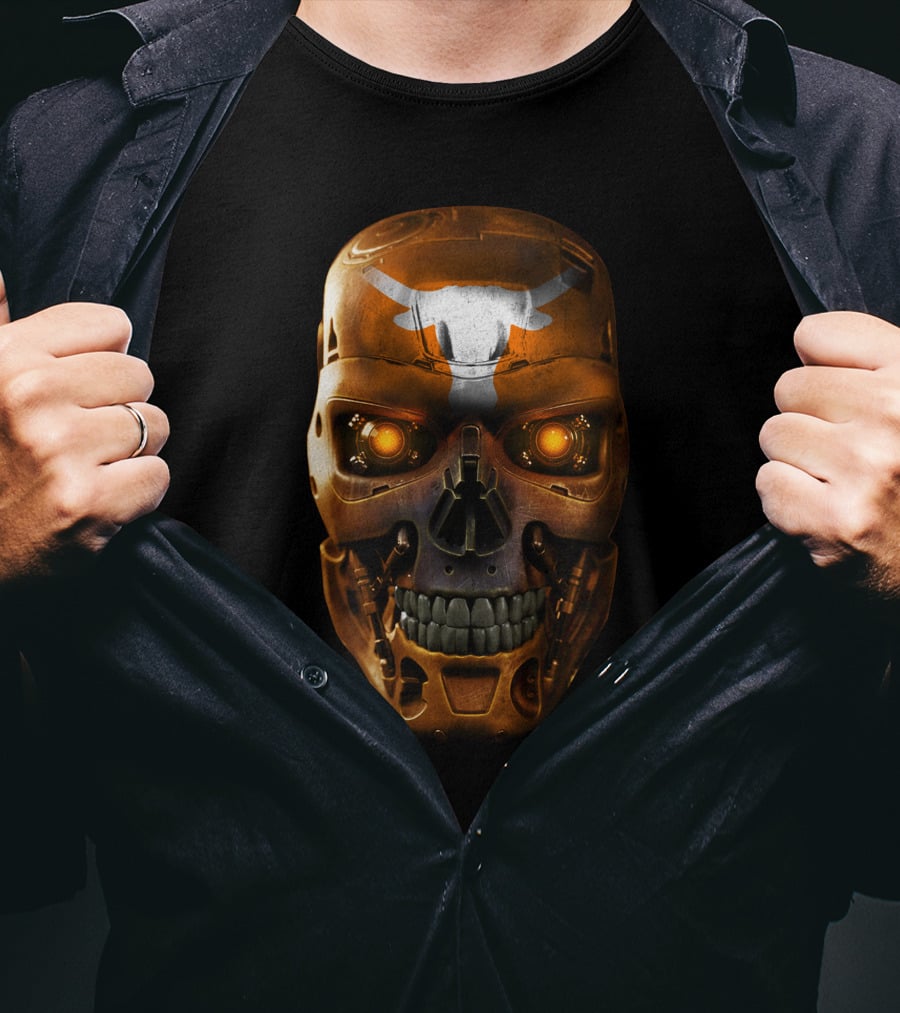 Skull Longhorns Futuristic Mechanical Face With Glowing Eyes T-Shirt