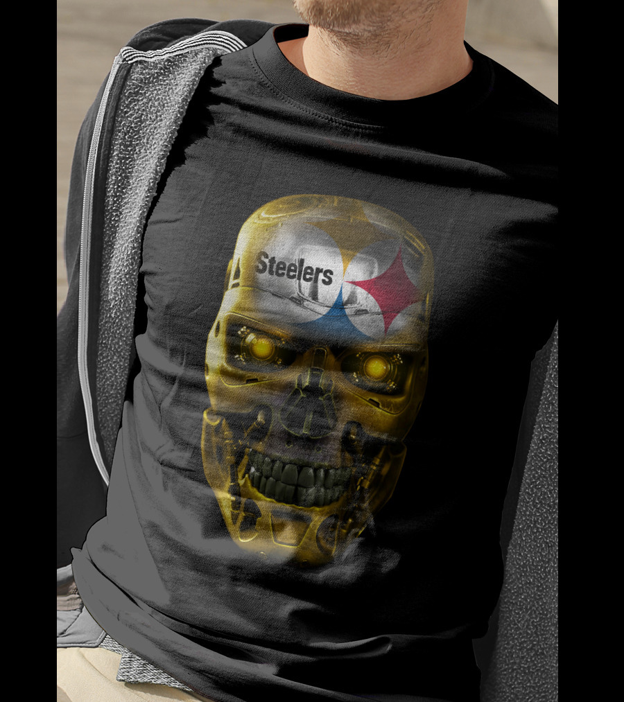 Steelers Skull Cyborg With Logo And Glowing Eyes T-Shirt