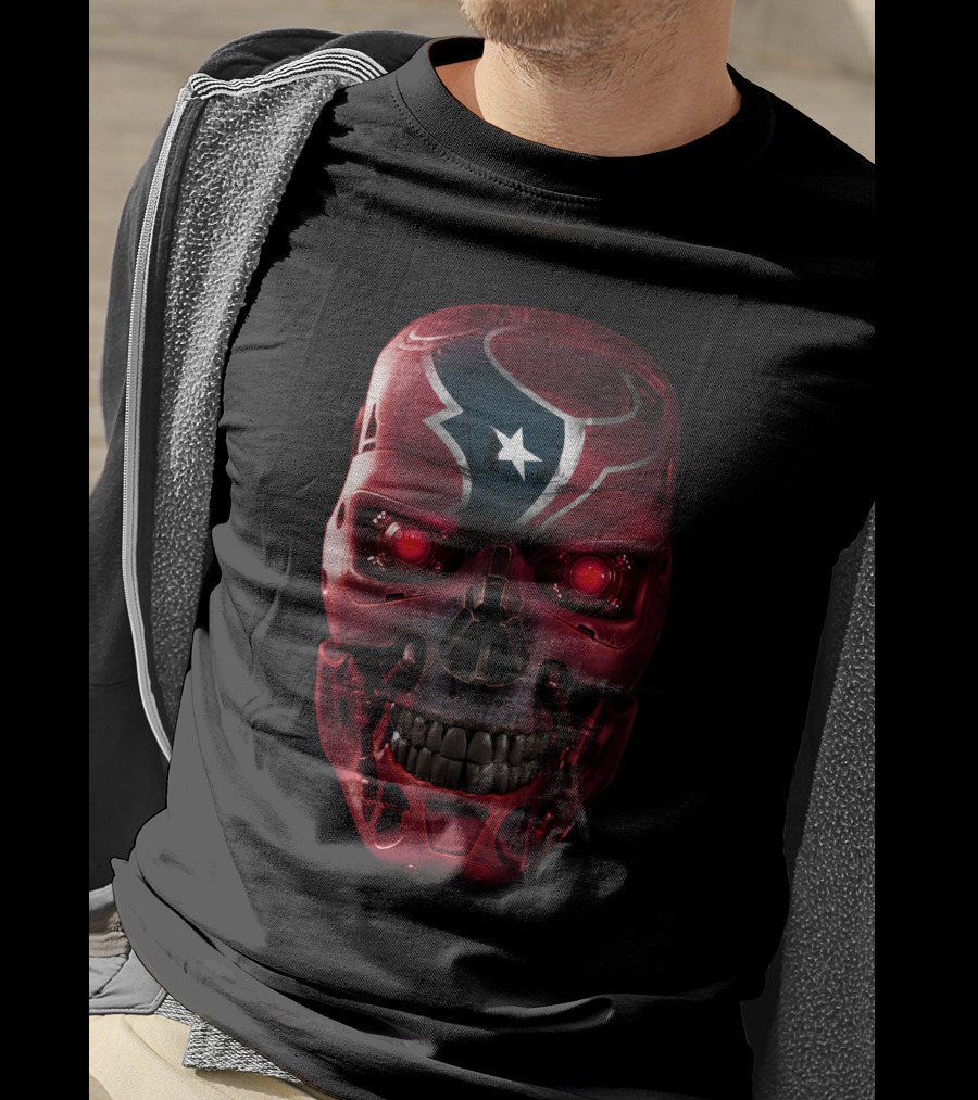 Skull Texans Robot Star Head With Red Eyes T-Shirt