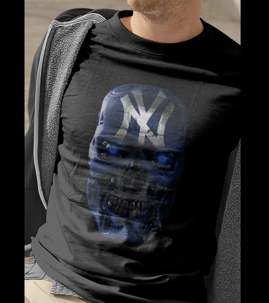 Yankees Skull Robotic Face Blue Glowing Eyes T-Shirt