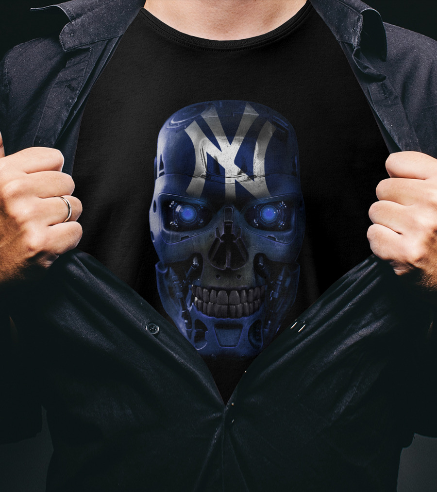 Yankees Skull Robotic Face Blue Glowing Eyes T-Shirt