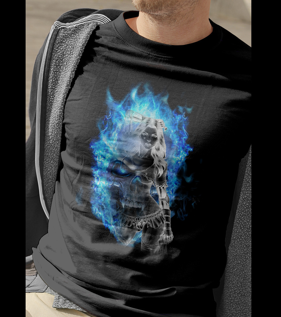 Skull Girl Blue Flames Warrior T-Shirt