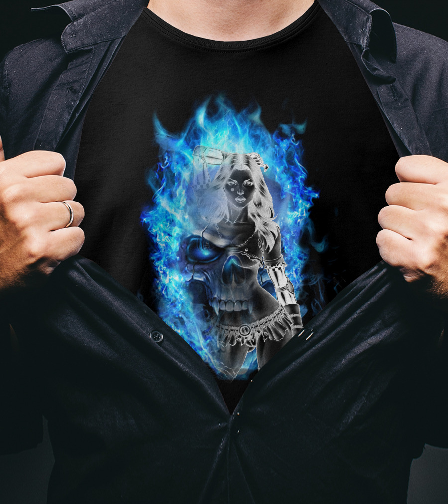 Skull Girl Blue Flames Warrior T-Shirt