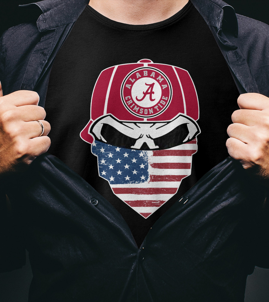 Alabama Crimson Tide Skull American Flag Bandana T-Shirt