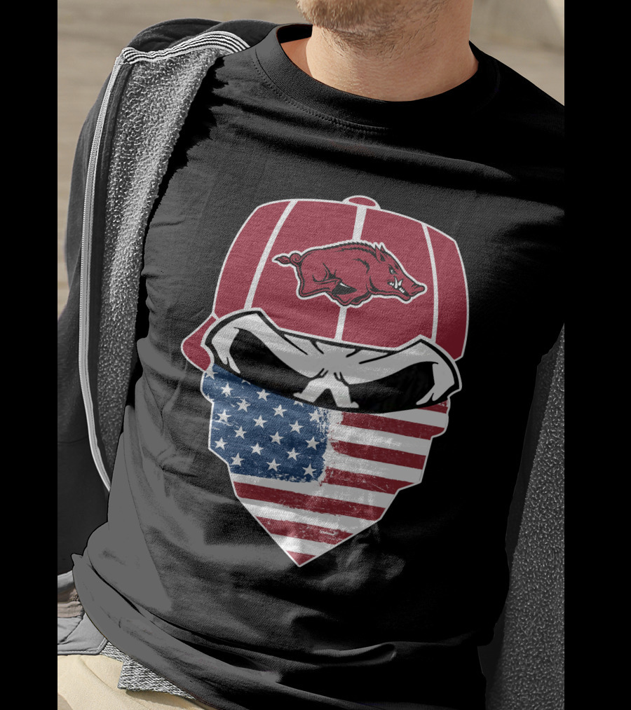 Arkansas Razorbacks Skull American Flag Bandana T-Shirt