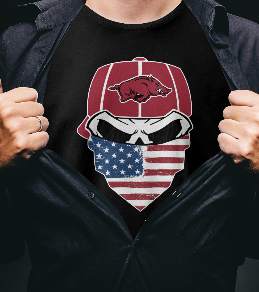 Arkansas Razorbacks Skull American Flag Bandana T-Shirt