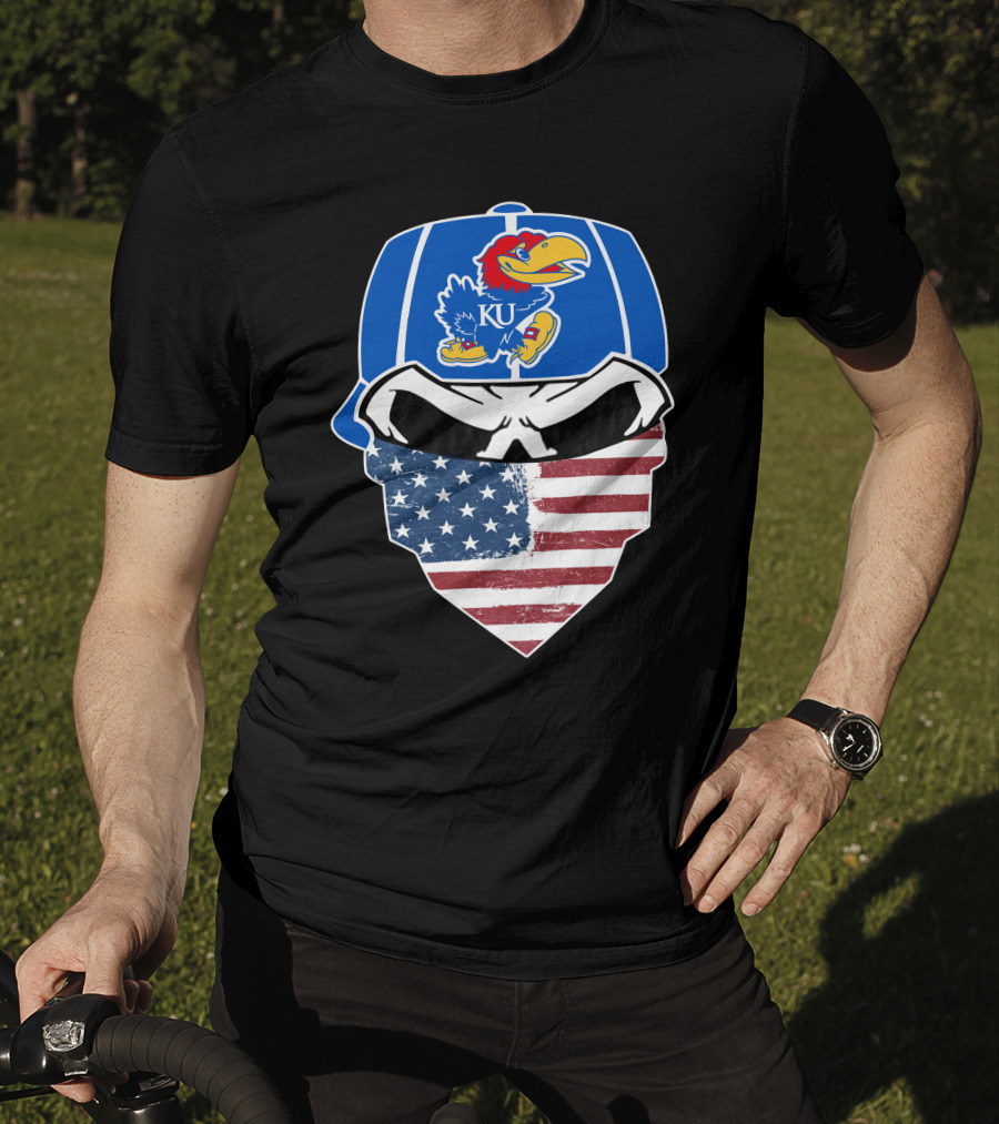 KU Jayhawks Skull American Flag Bandana Cap T-Shirt