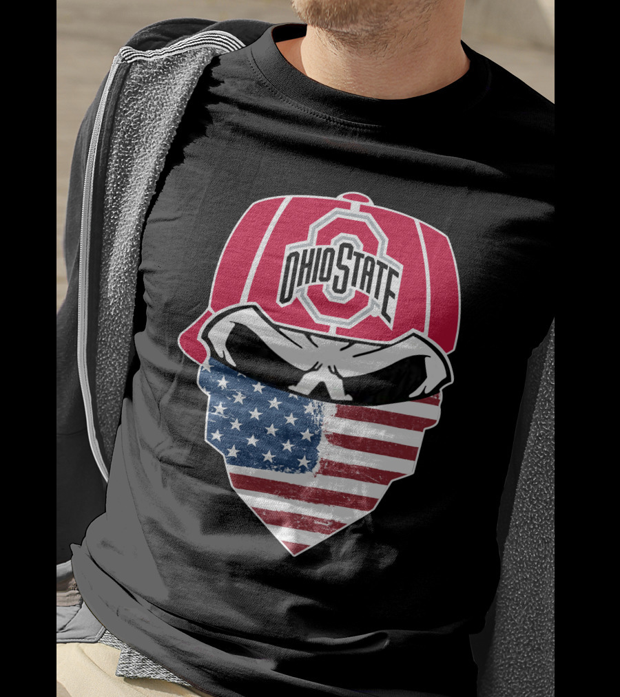 Ohio State Buckeyes Skull American Flag Bandana T-Shirt