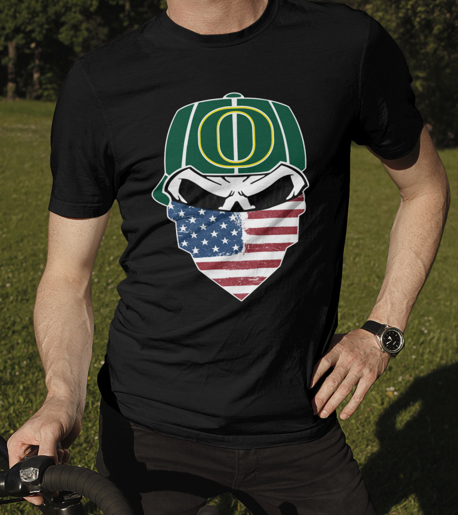 Oregon Ducks Skulls American Flag Mask T-Shirt