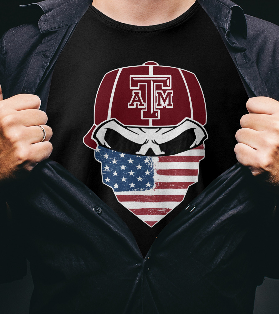 Texas A&M Aggies Skull With American Flag Bandana T-Shirt