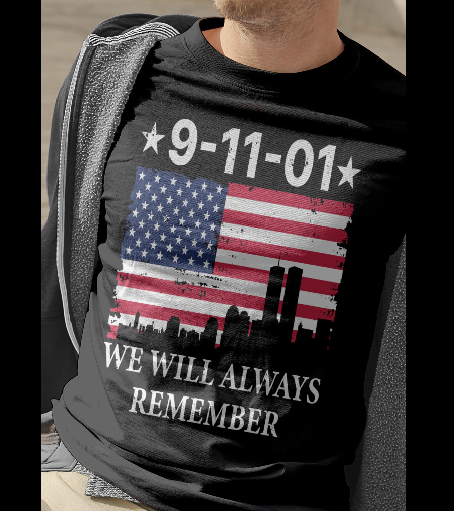9-11-01 We Will Always Remember Twin Towers American Flag Skyline T-Shirt