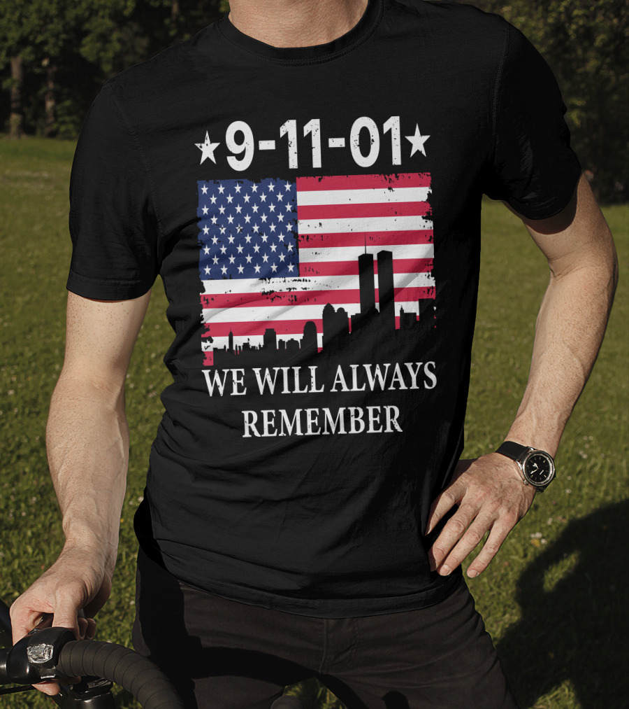 9-11-01 We Will Always Remember Twin Towers American Flag Skyline T-Shirt