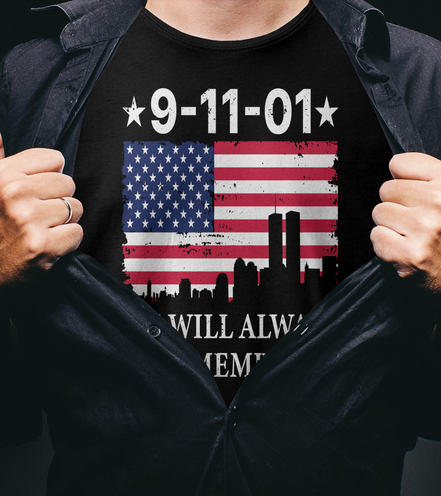 9-11-01 We Will Always Remember Twin Towers American Flag Skyline T-Shirt