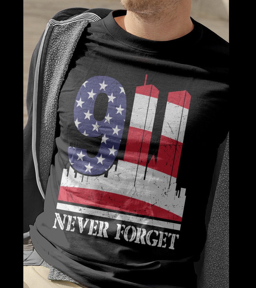 9 11 Never Forget Twin Towers American Flag T-Shirt