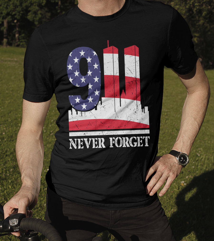 9 11 Never Forget Twin Towers American Flag T-Shirt