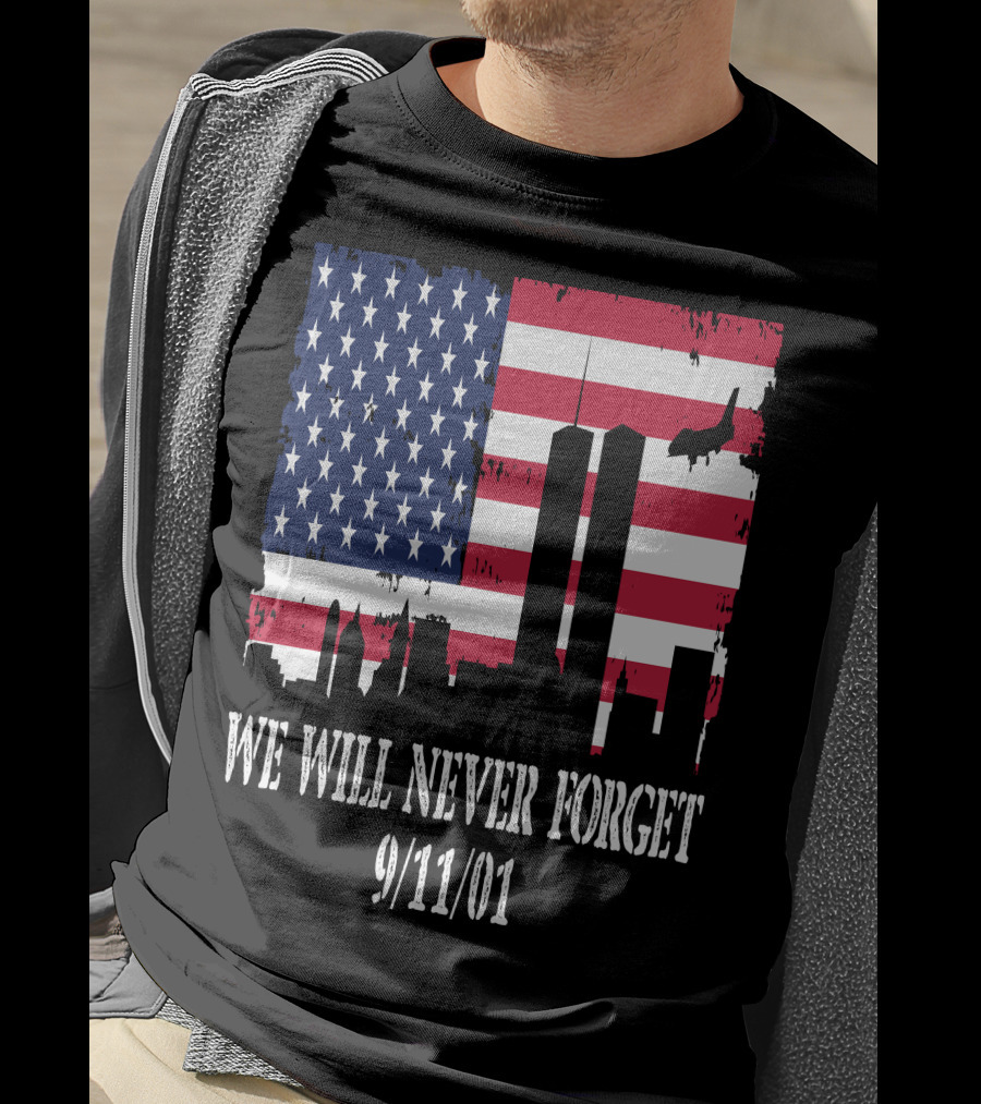 We Will Never Forget 9/11/01 American Flag Twin Towers T-Shirt