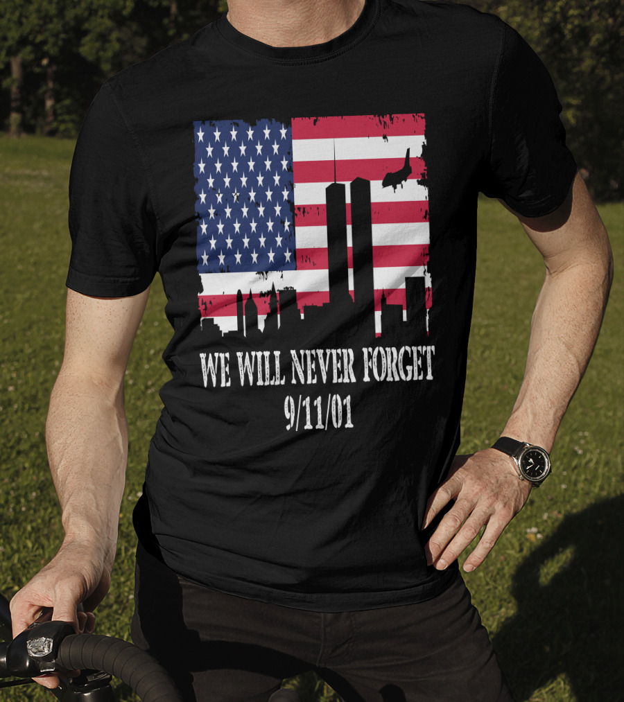 We Will Never Forget 9/11/01 American Flag Twin Towers T-Shirt