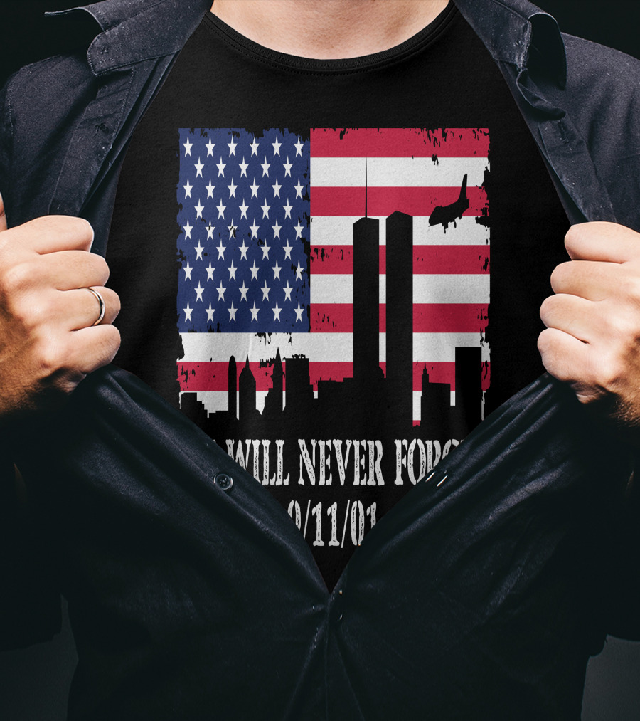 We Will Never Forget 9/11/01 American Flag Twin Towers T-Shirt