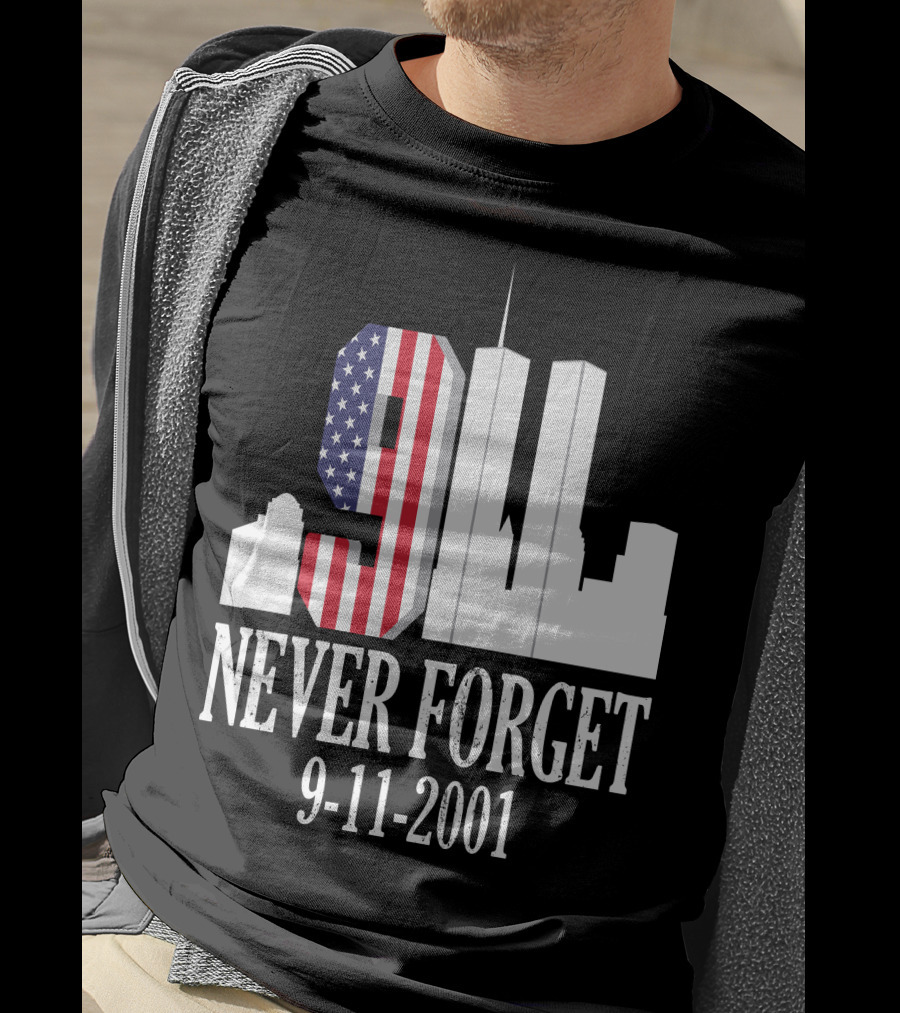 Never Forget 9-11-2001 American Flag Twin Towers Skyline T-Shirt