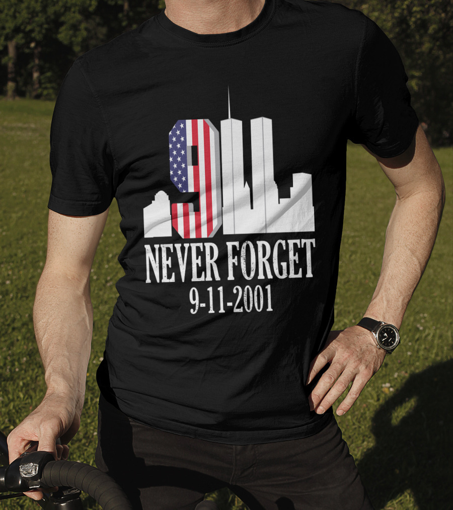 Never Forget 9-11-2001 American Flag Twin Towers Skyline T-Shirt
