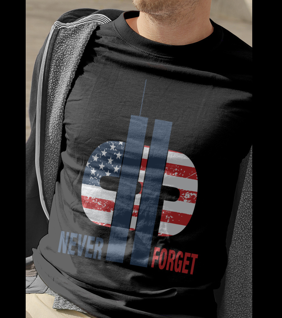 Never Forget 9.11 American Flag Tribute With Twin Towers Symbol T-Shirt