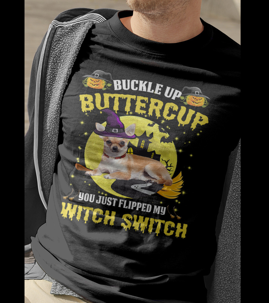 Buttercup Witch Switch Halloween Chihuahua Broomstick Moon Bats T-Shirt