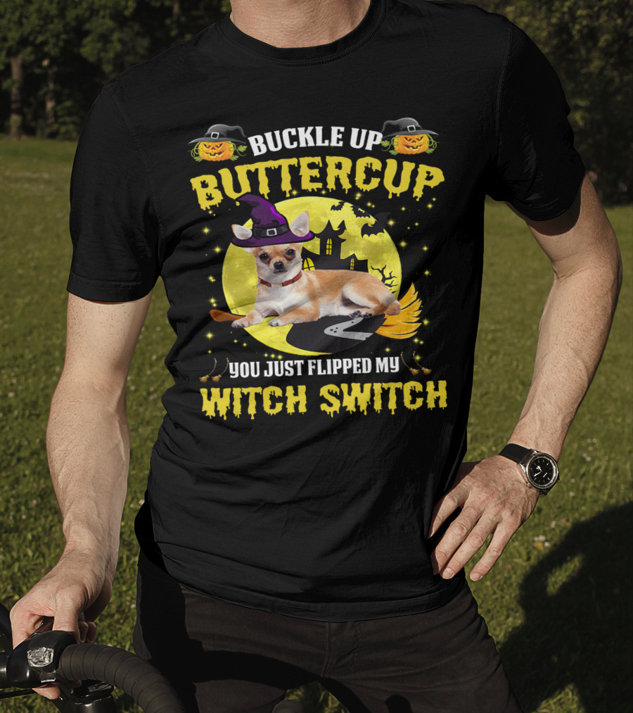 Buttercup Witch Switch Halloween Chihuahua Broomstick Moon Bats T-Shirt
