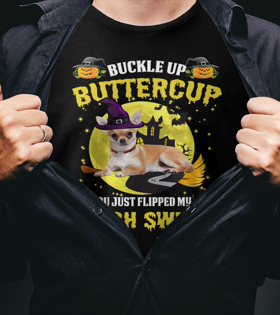 Buttercup Witch Switch Halloween Chihuahua Broomstick Moon Bats T-Shirt