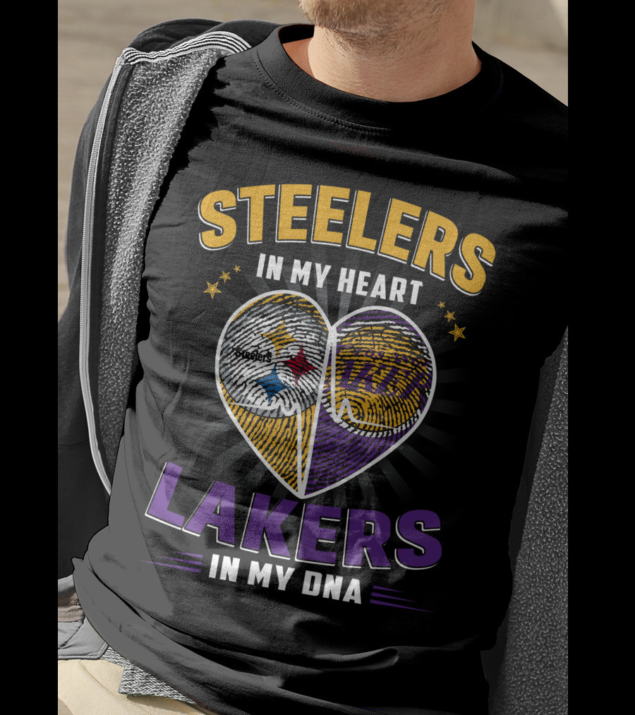 Steelers In My Heart Lakers In My Dna Fingerprint Heart T-Shirt