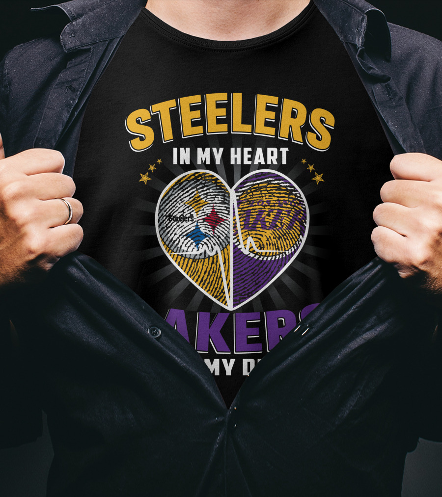 Steelers In My Heart Lakers In My Dna Fingerprint Heart T-Shirt