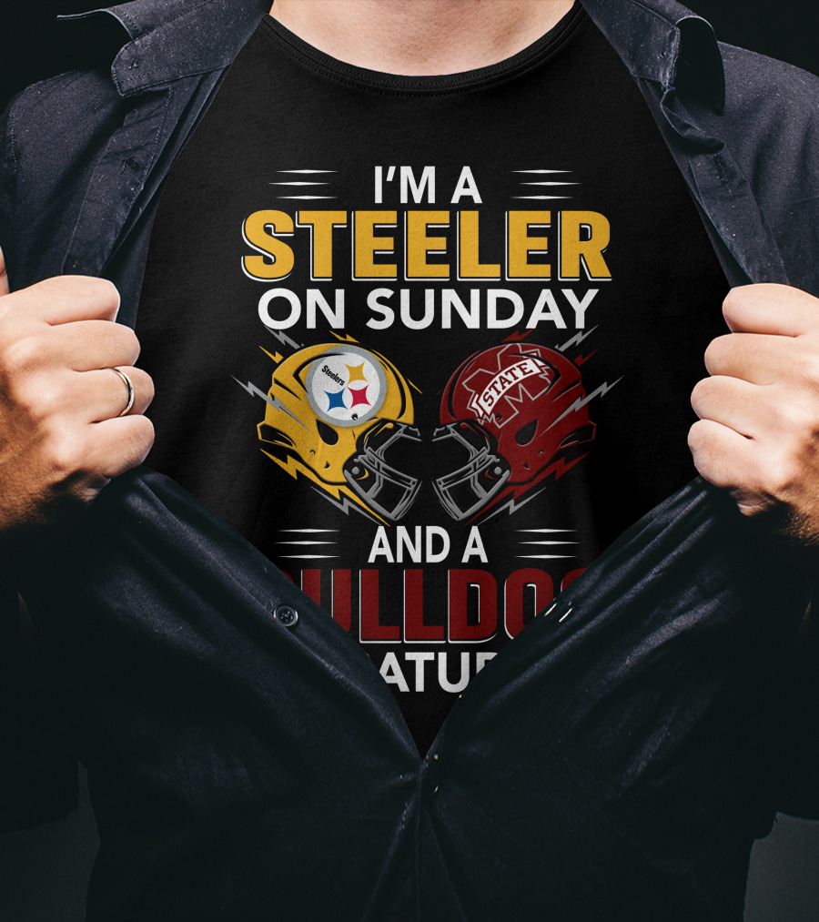 I'm A Steeler On Sunday And A Bulldog On Saturday Football Helmet Design With Team Logos T-Shirt