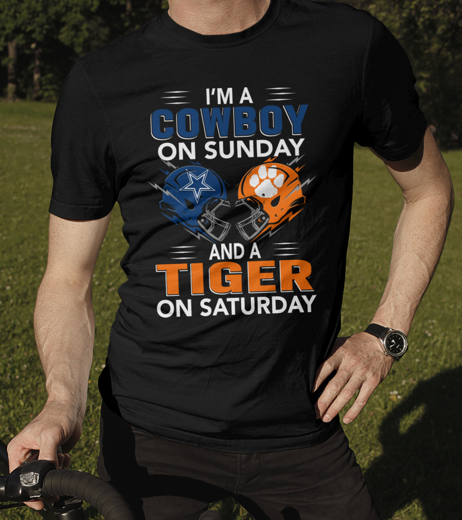 I'm A Cowboy On Sunday And A Tiger On Saturday Football Helmets Rivalry T-Shirt