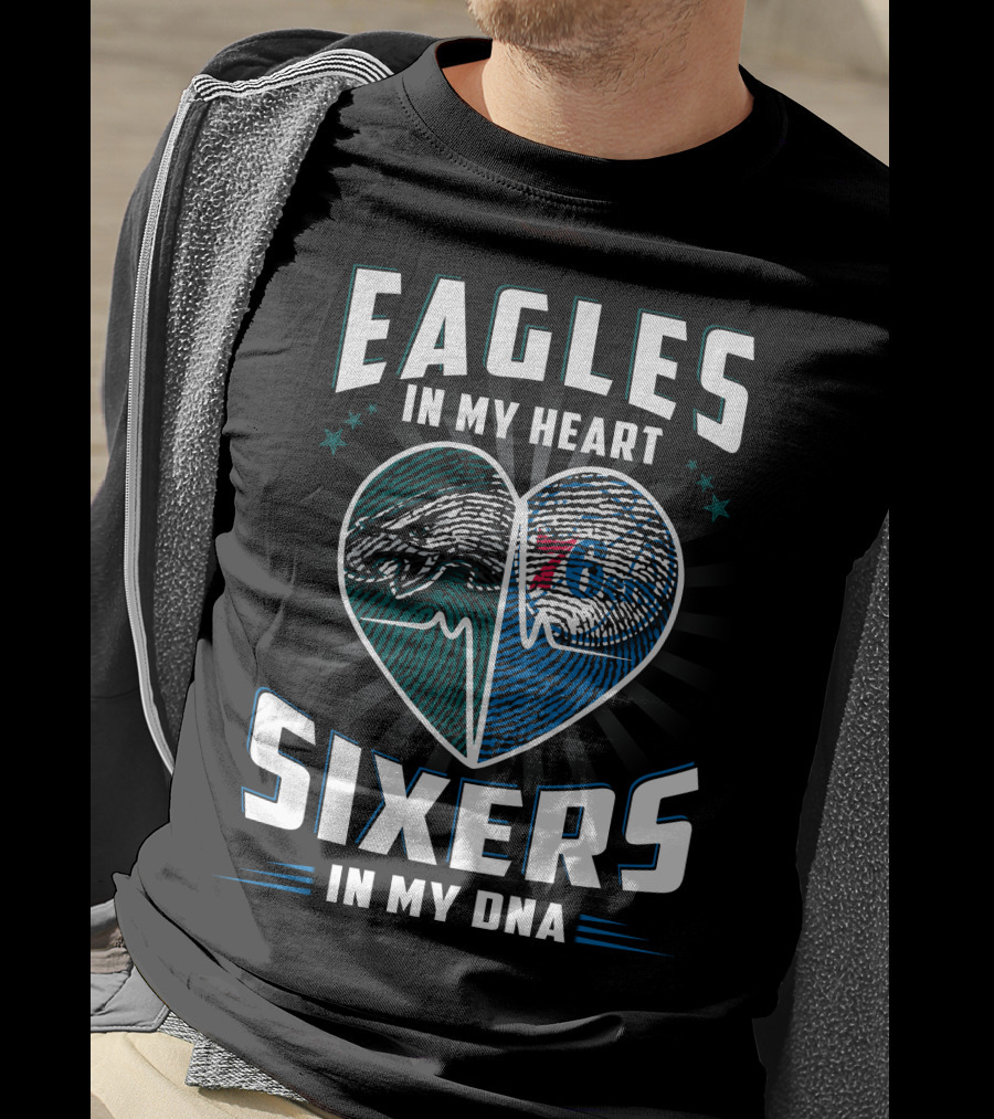 Eagles In My Heart With Sixers In My Dna Fingerprint Heart T-Shirt