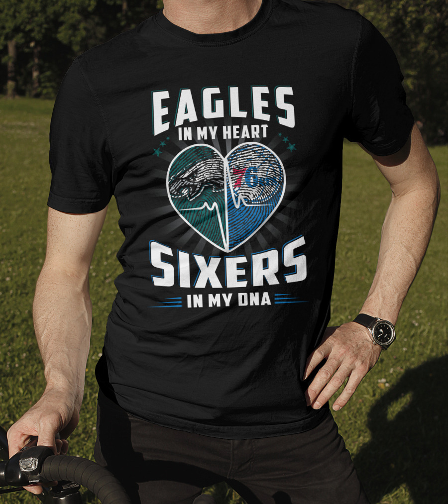 Eagles In My Heart With Sixers In My Dna Fingerprint Heart T-Shirt