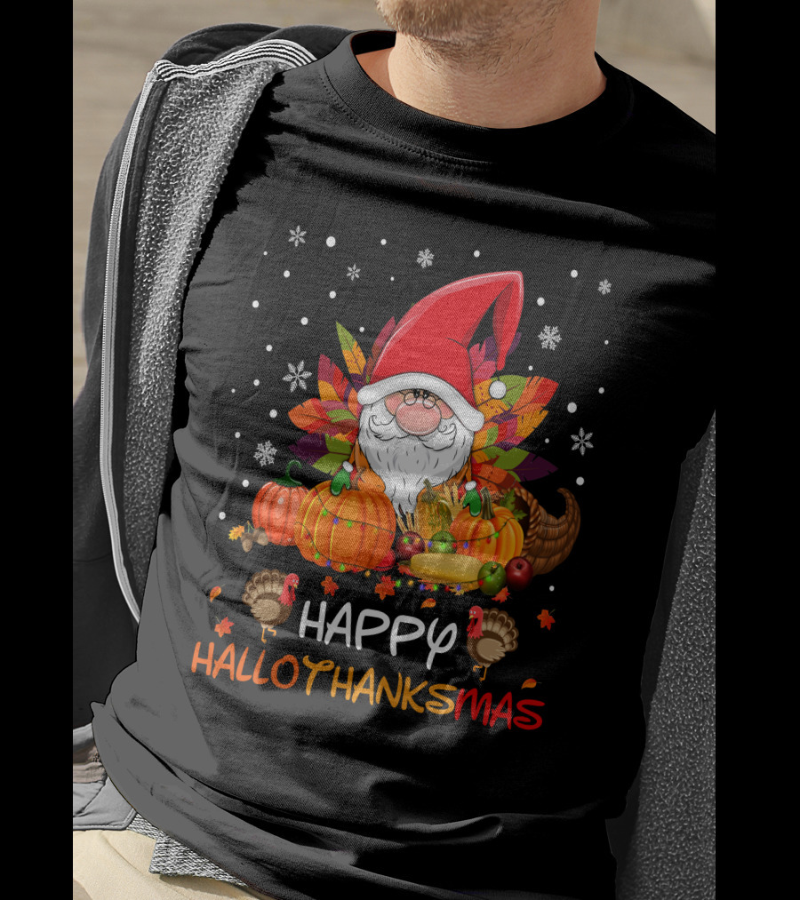 Happy HalloThanksMas Santa Hat Pumpkins Turkeys Cornucopia Snowflakes T-Shirt