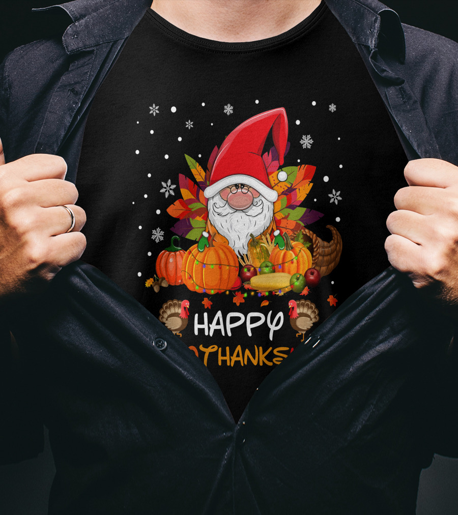 Happy HalloThanksMas Santa Hat Pumpkins Turkeys Cornucopia Snowflakes T-Shirt