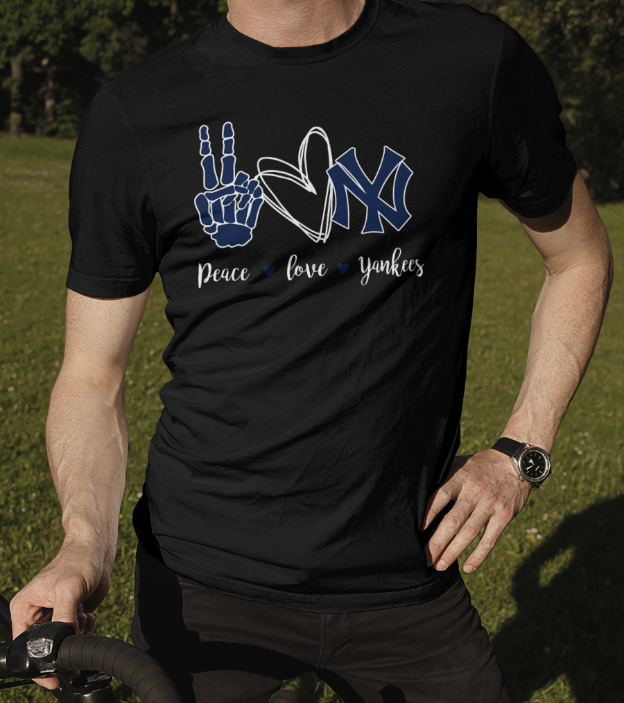 Peace Love Yankees Skeleton Hand Heart Symbol NY T-Shirt