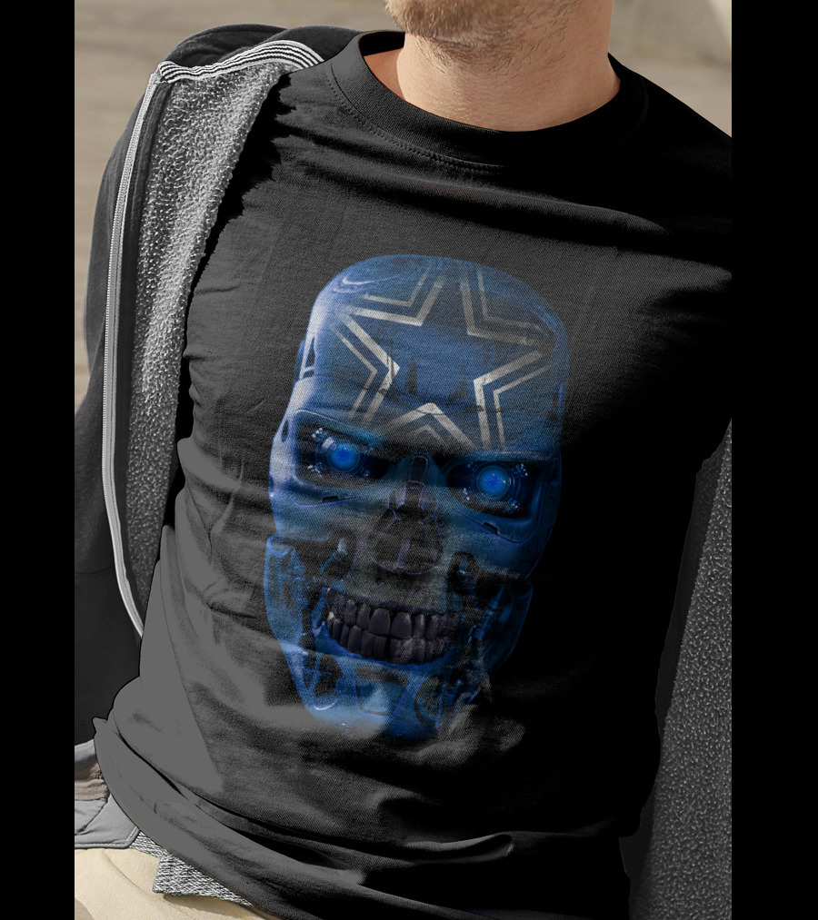 Skull Cowboys Blue Metallic Star Cyborg Helmet T-Shirt
