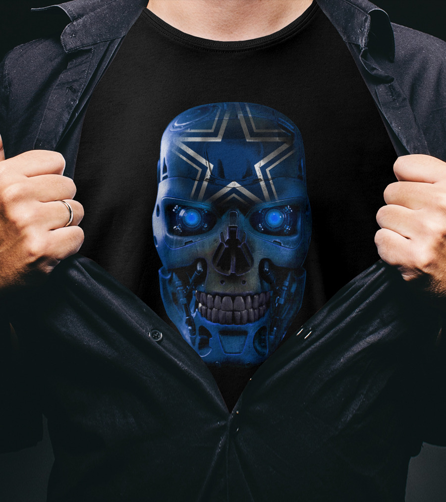 Skull Cowboys Blue Metallic Star Cyborg Helmet T-Shirt