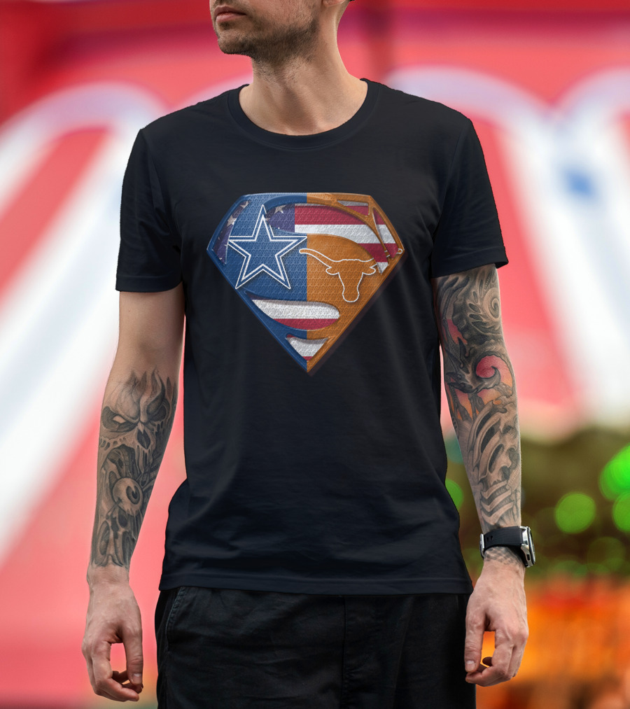 Dallas Cowboys Texas Longhorns Star And Longhorn Superman Shield Flag T-Shirt