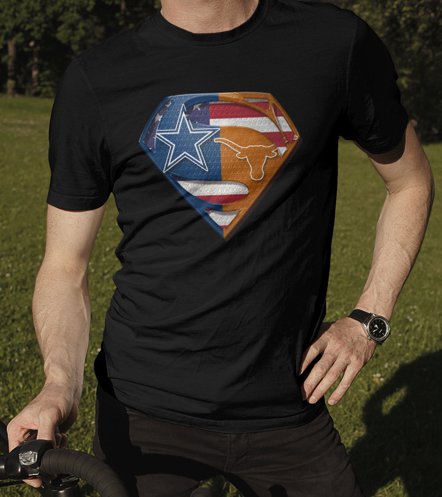 Dallas Cowboys Texas Longhorns Star And Longhorn Superman Shield Flag T-Shirt