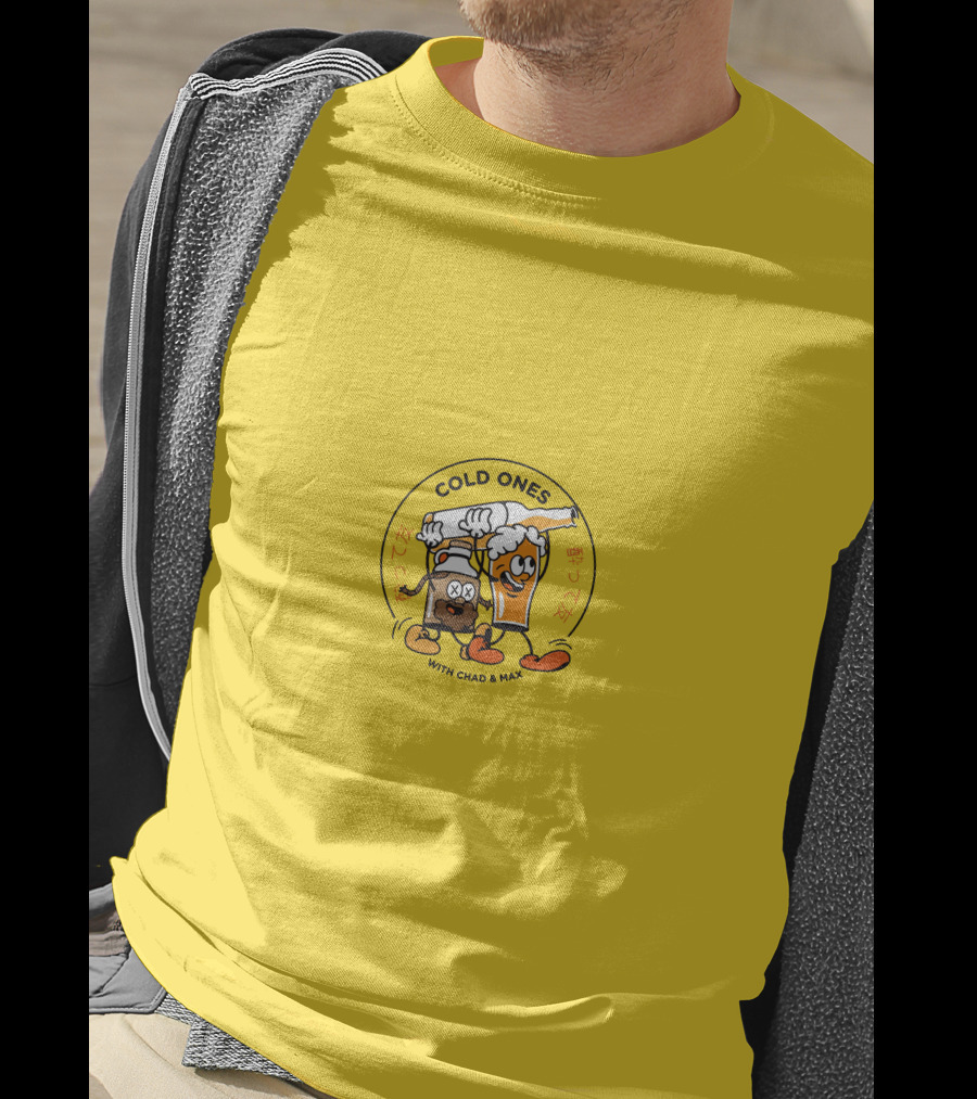 Cold Ones With Chad And Max Cartoon Beers Yellow Background T-Shirt