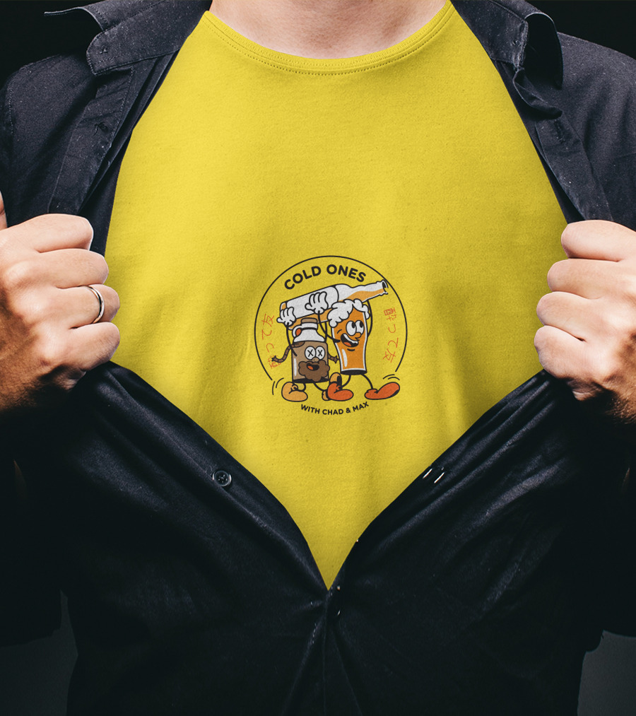 Cold Ones With Chad And Max Cartoon Beers Yellow Background T-Shirt