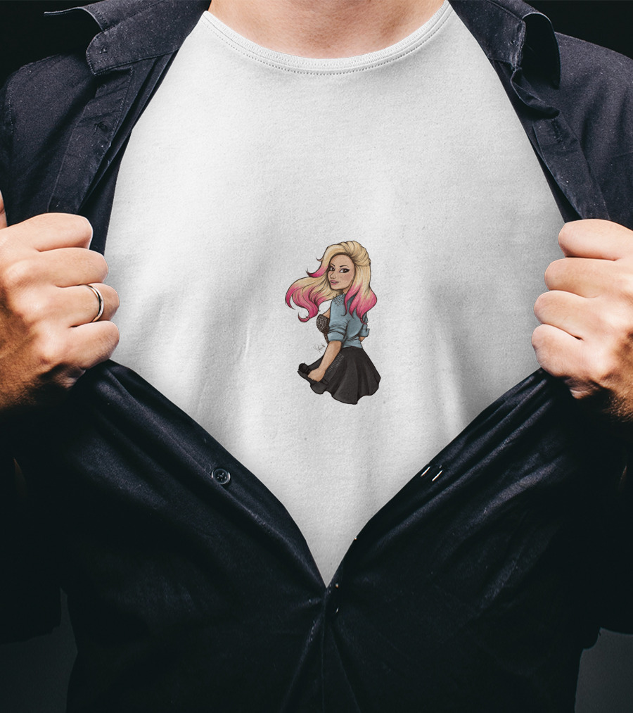 Demi Lovato Cartoon Pink Hair Black Skirt Denim T-Shirt