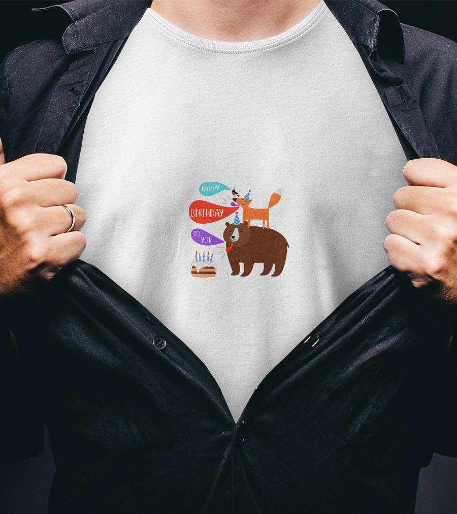 Happy Birthday Party Animal Bear And Fox With Cake T-Shirt