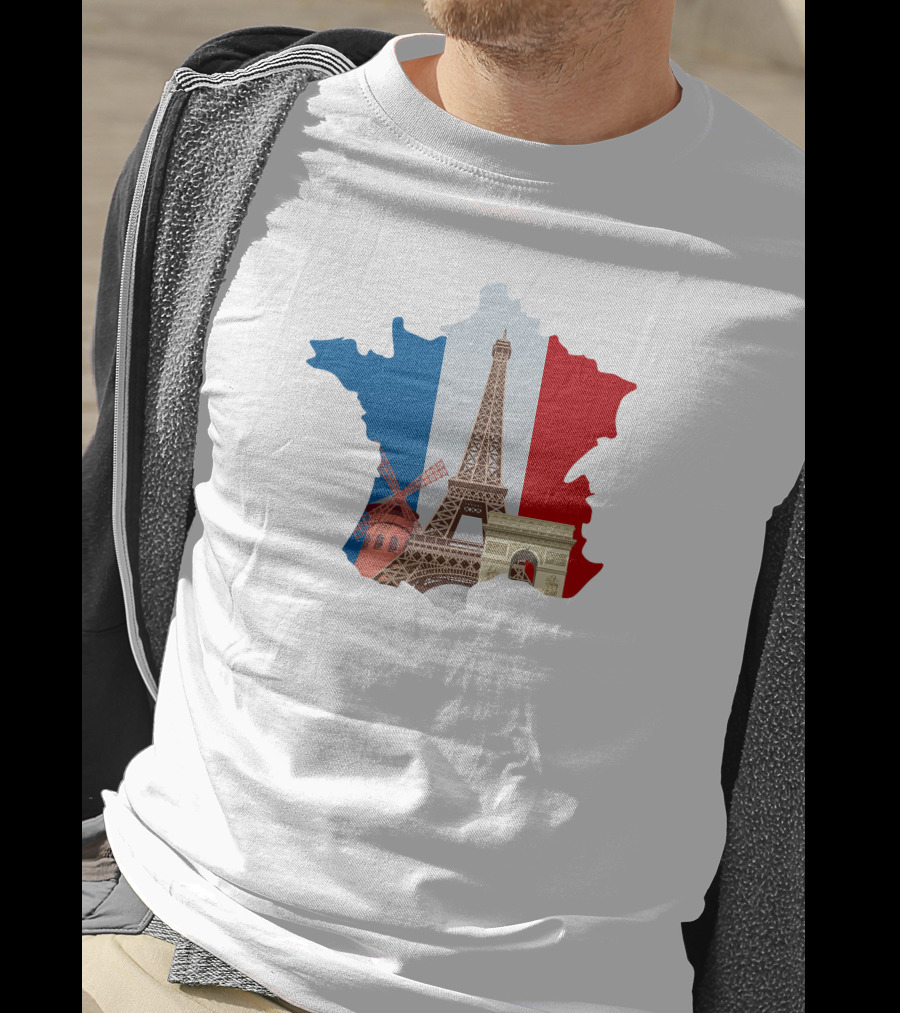 France Map With Eiffel Tower And Moulin Rouge On Tricolor Flag T-Shirt