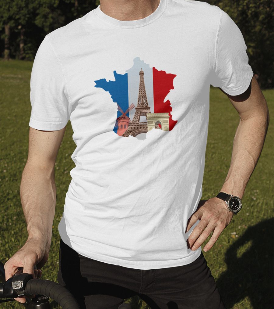 France Map With Eiffel Tower And Moulin Rouge On Tricolor Flag T-Shirt