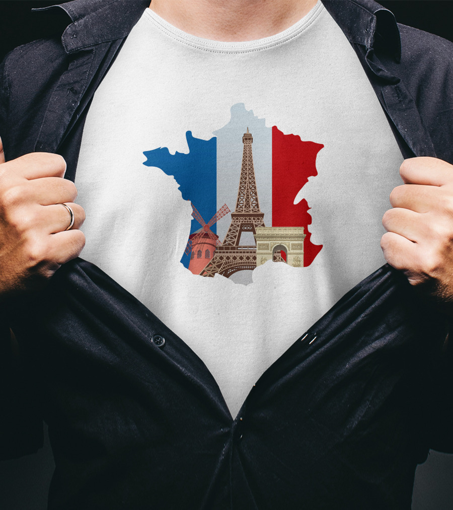 France Map With Eiffel Tower And Moulin Rouge On Tricolor Flag T-Shirt