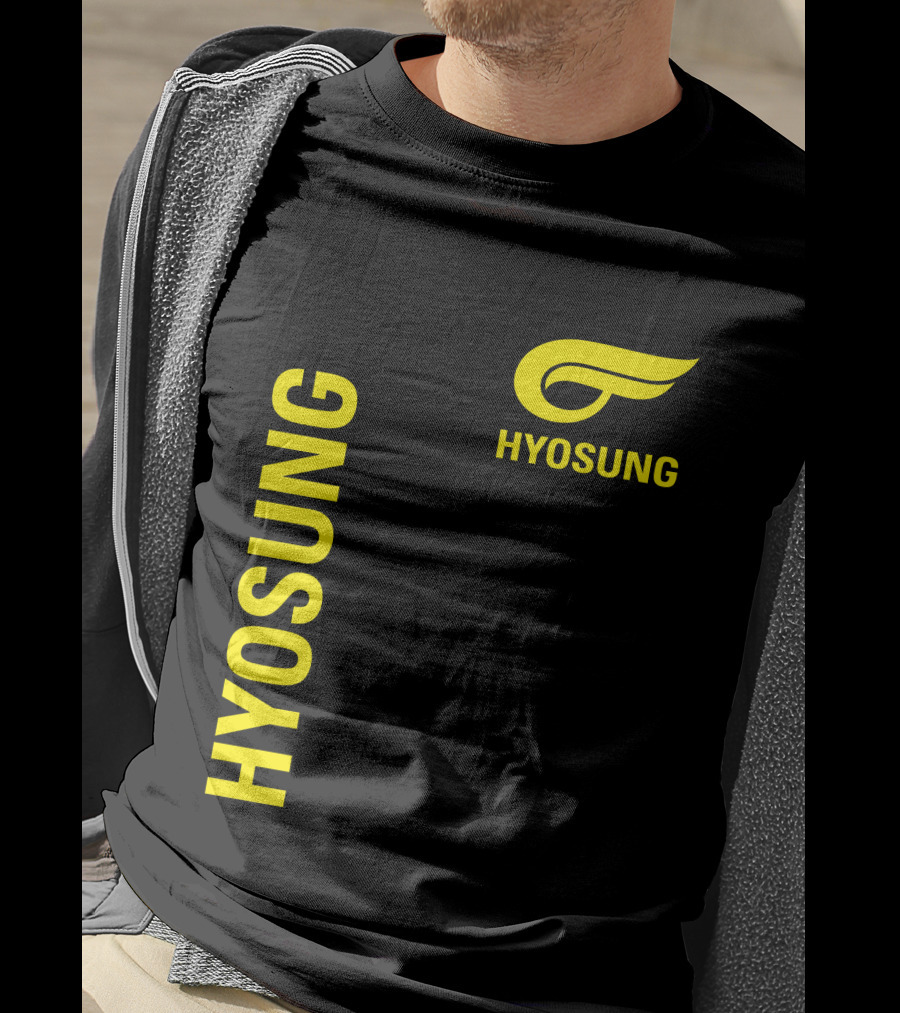 HYOSUNG Logo Stylized Yellow Text Brand T-Shirt