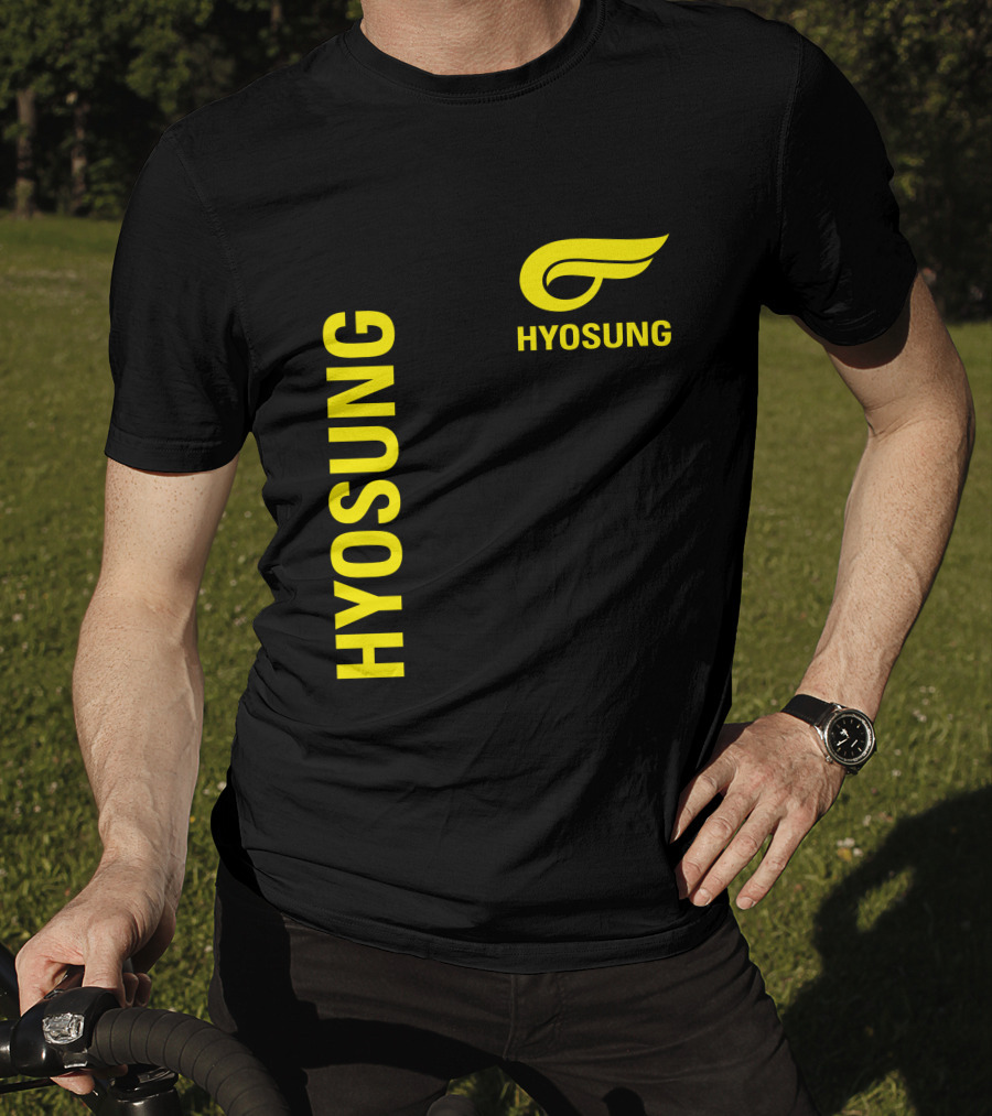 HYOSUNG Logo Stylized Yellow Text Brand T-Shirt